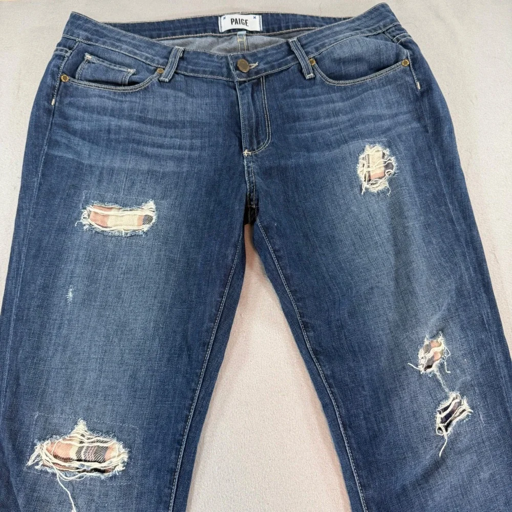PAIGE‎ Jimmy Jimmy Skinny Distressed Plaid Patch Jeans Womens 30 Blue Denim